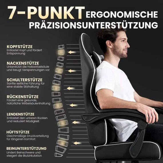 Riftracer Gaming Stuhl – Ergonomischer Gamer Sessel mit Fußstütze, Kopfstütze und Lordosenstütze, höhenverstellbar, gepolstert, Tragkraft 150 kg, Schwarz