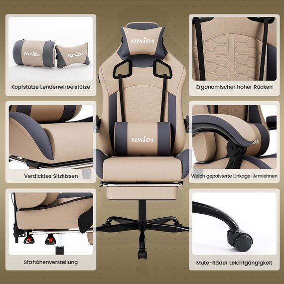 SUKIDA Gaming Stuhl,Ergonomischer Gaming-Stuhl mit Fußstütze, Racing Gaming Chair Kopfstütze Verstellbarer Computerstuhl Höhenverstellbar Lendenwirbelstütze für Homeoffice und Gaming,Blaugrau