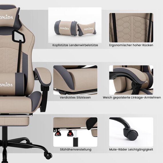 SUKIDA Gaming Stuhl, Ergonomischer Gaming-Stuhl mit Fußstütze, Racing Gaming Chair Kopfstütze Verstellbarer Computerstuhl Höhenverstellbar Lendenwirbelstütze für Homeoffice und Gaming Beige