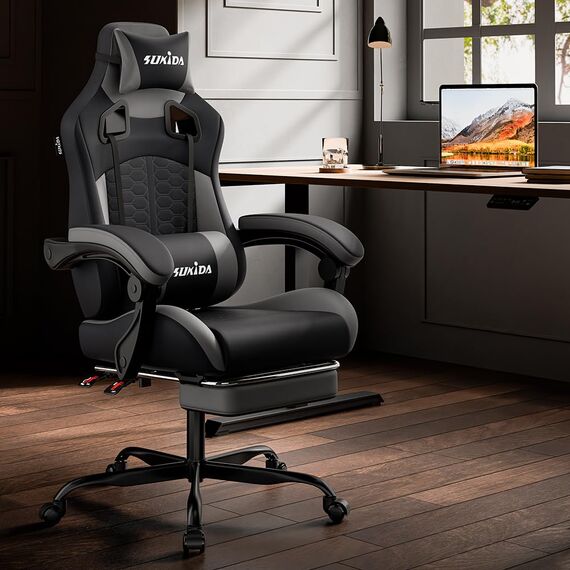 SUKIDA Gaming Stuhl, Ergonomischer Gaming-Stuhl mit Fußstütze, Racing Gaming Chair Kopfstütze Verstellbarer Computerstuhl Höhenverstellbar Lendenwirbelstütze für Homeoffice und Gaming Gray
