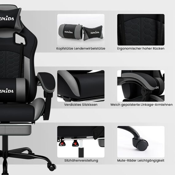 SUKIDA Gaming Stuhl, Ergonomischer Gaming-Stuhl mit Fußstütze, Racing Gaming Chair Kopfstütze Verstellbarer Computerstuhl Höhenverstellbar Lendenwirbelstütze für Homeoffice und Gaming Gray