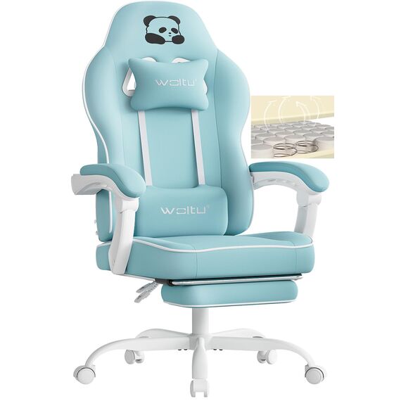 WOLTU Gaming Stuhl mit Taschenfederkissen, Gaming Sessel 150 kg Belastbarkeit, ergonomischer Drehstuhl, Gamer Stuhl mit Kopfkissen, Lendenkissen, Fußstütze, Netzstoff, Hellblau