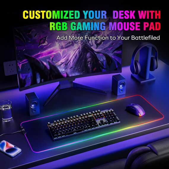 Gimars Gaming Mauspad, 12 LED Beleuchtungsmodi RGB Mousepad XXL, 800x300x5mm, Groß Desk Mat Gaming Zubehör mit wasserdichte Oberfläche, 5mm Rutschfester Gummifuß für PC Tastatur