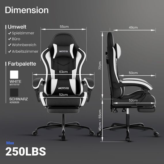 WOTSTA Gaming Chair Computerstuhl Ergonomischer Gaming Stuhl mit Fußstütze Bürostuhl Ergonomischer Computerstuhl mit Lendenwirbelstütze (BLKWT)
