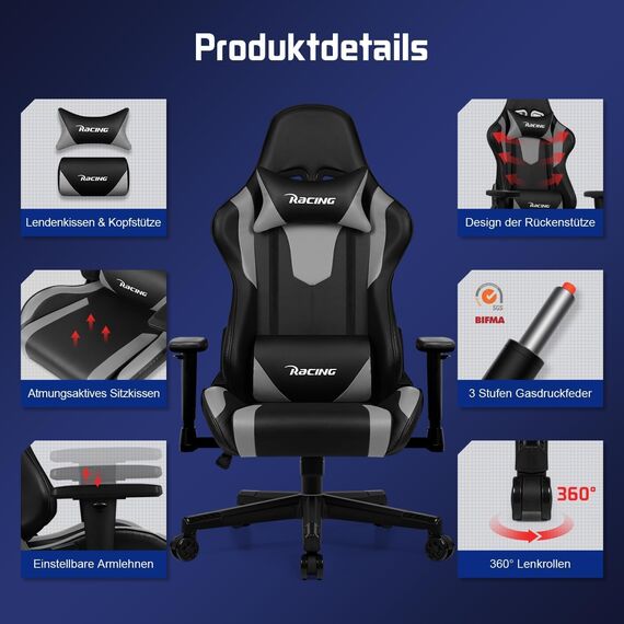 Homimaster Gaming Stuhl, Bürostuhl Ergonomisch mit verstellbare Lendenkissen, Kopfkissen und Armlehnen,Gaming Chair Gepolstert,Gamer Stuhl Wippfunktion,Gaming Stuhl 150 kg Belastbarkeit
