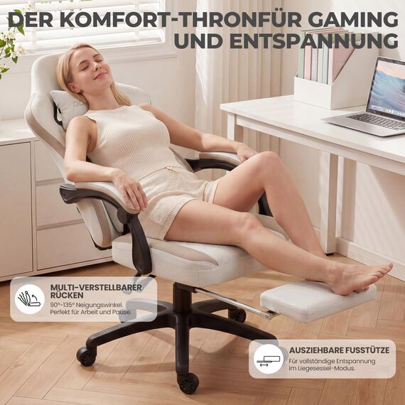 Dowinx Gaming Stuhl Stoff, Verstellbarer Gaming Chair mit Fußstütze, Ergonomischer PC Stuhl Gamer Stuhl Bürostuhl 150 kg belastbarkeit, Beige