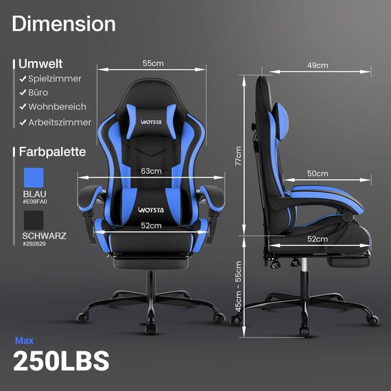 WOTSTA Gaming Chair Computerstuhl Ergonomischer Gaming Stuhl mit Fußstütze Bürostuhl Ergonomischer Computerstuhl mit Lendenwirbelstütze (BLKBL)