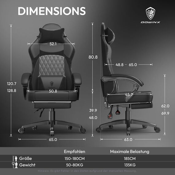 Dowinx Gaming Stuhl, Ergonomischer Gamer Stuhl aus PU-Leder mit Lendenwirbelstütze, 150 kg, Schwarz