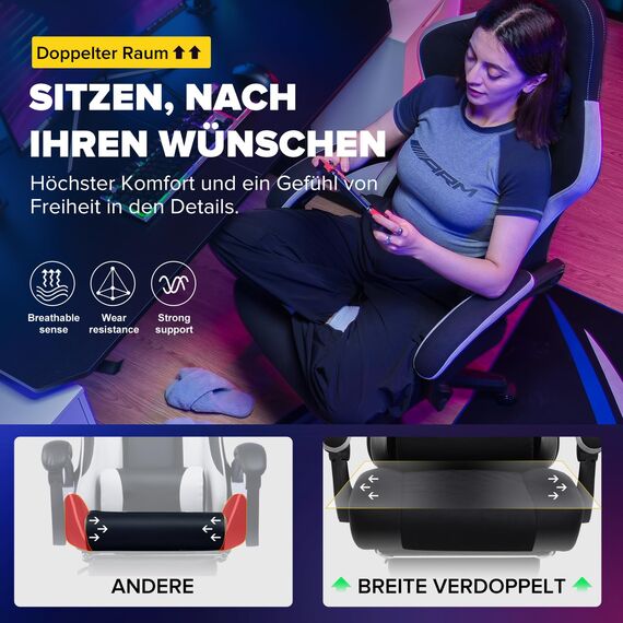 GTPLAYER Gaming Stuhl Ergonomischer Gaming Sessel Schreibtischstuhl mit Stoffoberfläche, Federsitzkissen, Verbindungsarmlehnen und Fußstütze 150KG, hellschwarz
