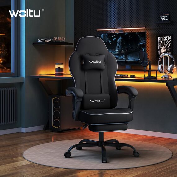 WOLTU Gaming Stuhl Stoff mit Bequemlichkeit Federunterlage, Kühl im Sommer, Gamer Chair Sessel Hohe Belastbarkeit ergonomischer mit Kopfkissen, Lendenkissen, Fußstütze, Netzstoff, Schwarz