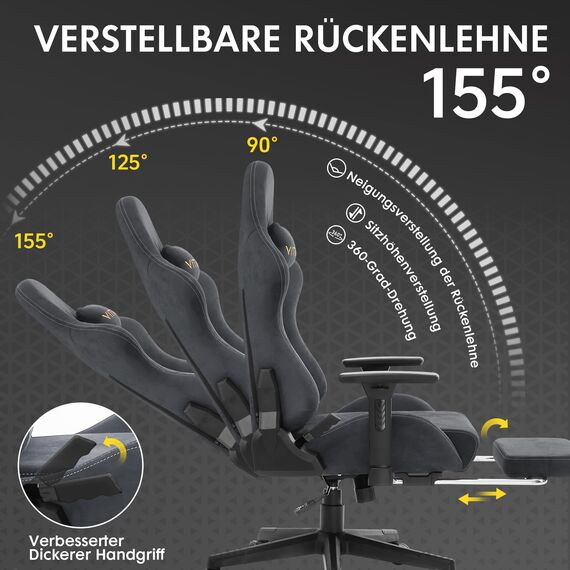 Vittanly Gaming Stuhl, Luxuriöser Wildlederimitat Gaming Chair Bürostuhl, Ergonomischer Schreibtischstuhl mit Fußstütze Kopfstütze und Lendenkissen, 3D Armlehnen, 90-155° Rückenlehne, Grau