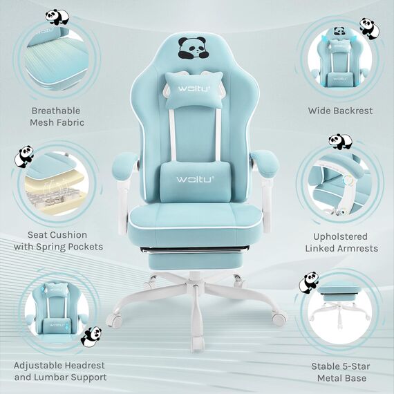 WOLTU Gaming Stuhl mit Taschenfederkissen, Gaming Sessel 150 kg Belastbarkeit, ergonomischer Drehstuhl, Gamer Stuhl mit Kopfkissen, Lendenkissen, Fußstütze, Netzstoff, Hellblau