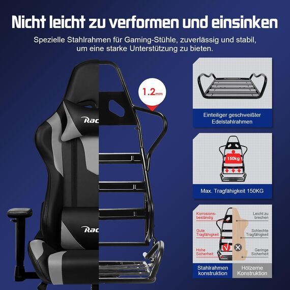 Homimaster Gaming Stuhl, Bürostuhl Ergonomisch mit verstellbare Lendenkissen, Kopfkissen und Armlehnen,Gaming Chair Gepolstert,Gamer Stuhl Wippfunktion,Gaming Stuhl 150 kg Belastbarkeit