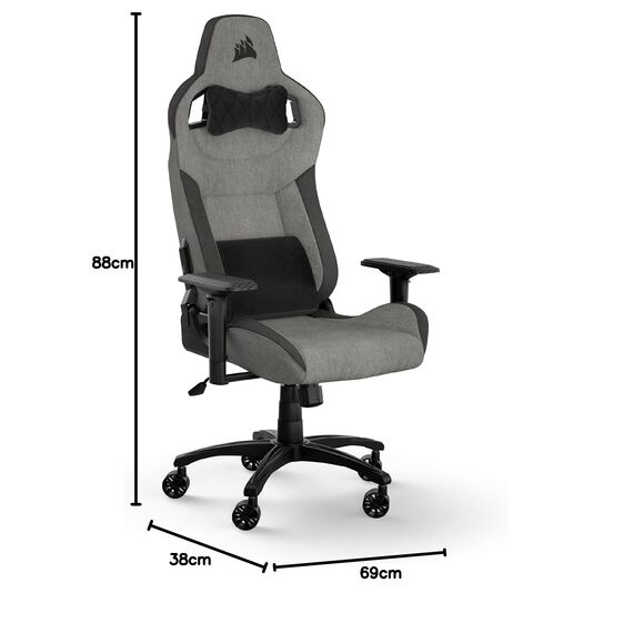 Corsair T3 Rush Gaming-Stuhl mit Stoffbezug (2023), Vom Rennsport inspiriertes Design, Gepolstertes Nackenkissen, Lendenstütze aus Memory-Schaumstoff, Schwarz und Holzkohle