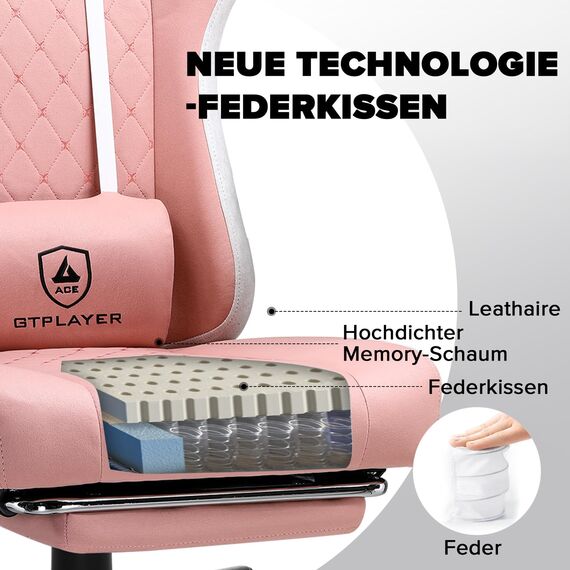 GTPLAYER Gaming Stuhl Ergonomischer Gaming Sessel Schreibtischstuhl mit Stoffoberfläche, Federsitzkissen, Verbindungsarmlehnen und Fußstütze 150KG, Rosa