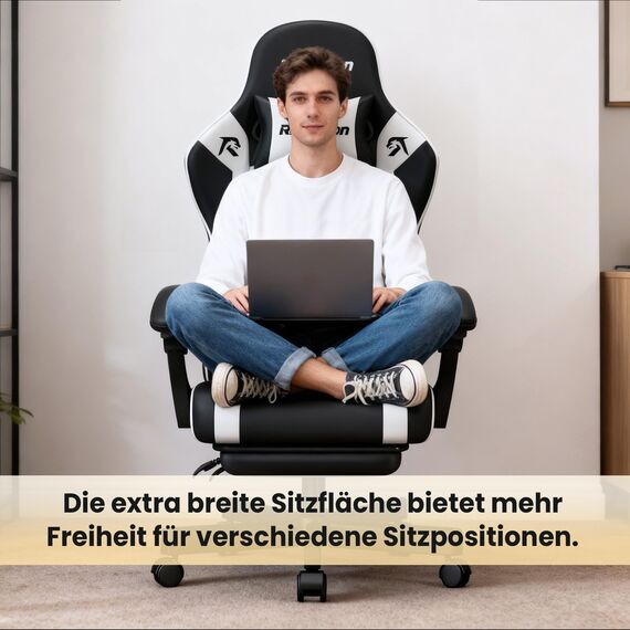 Riftracer Gaming Stuhl – Ergonomischer Gamer Sessel mit Fußstütze, Kopfstütze und Lordosenstütze, höhenverstellbar, gepolstert, Tragkraft 150 kg, Schwarz
