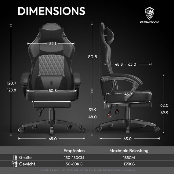 Dowinx Gaming Stuhl, Ergonomischer Gamer Sessel aus PU-Leder mit Lendenstütze, Massagefunktion und breiter Rückenlehne, Belastbar bis 150 kg, Schwarz