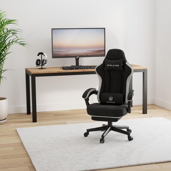 GTPLAYER Gaming Stuhl Ergonomischer Gaming Sessel Schreibtischstuhl mit Stoffoberfläche, Federsitzkissen, Verbindungsarmlehnen und Fußstütze 150KG, hellschwarz