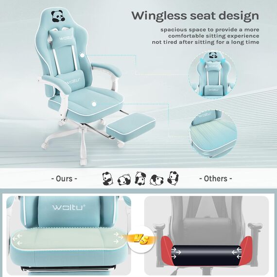 WOLTU Gaming Stuhl mit Taschenfederkissen, Gaming Sessel 150 kg Belastbarkeit, ergonomischer Drehstuhl, Gamer Stuhl mit Kopfkissen, Lendenkissen, Fußstütze, Netzstoff, Hellblau