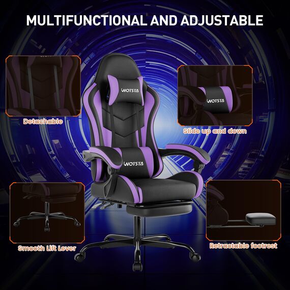 Gaming Stuhl mit Fußstütze, Ergonomischer Gaming-Stuhl, Computerstuhl mit Lendenwirbelstütze, Kopfstütze, Computerstuhl höhenverstellbar mit 360° drehbarem Sitz für Büro oder Gaming