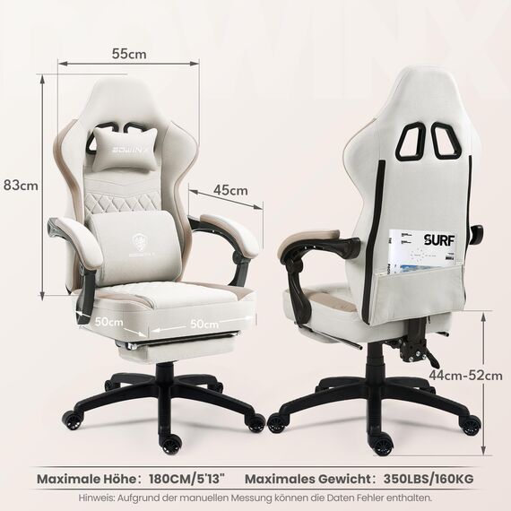 Dowinx Gaming Stuhl Stoff, Verstellbarer Gaming Chair mit Fußstütze, Ergonomischer PC Stuhl Gamer Stuhl Bürostuhl 150 kg belastbarkeit, Beige