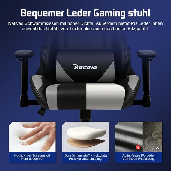 Homimaster Gaming Stuhl, Bürostuhl Ergonomisch mit verstellbare Lendenkissen, Kopfkissen und Armlehnen,Gaming Chair Gepolstert,Gamer Stuhl Wippfunktion,Gaming Stuhl 150 kg Belastbarkeit