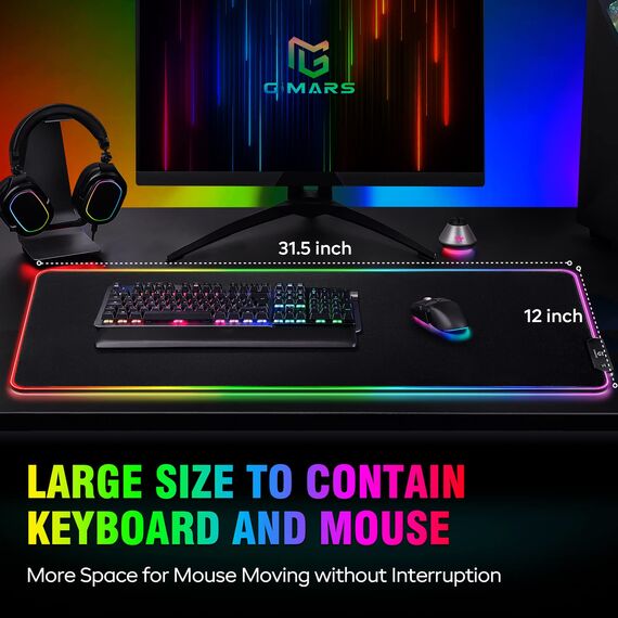 Gimars Gaming Mauspad, 12 LED Beleuchtungsmodi RGB Mousepad XXL, 800x300x5mm, Groß Desk Mat Gaming Zubehör mit wasserdichte Oberfläche, 5mm Rutschfester Gummifuß für PC Tastatur