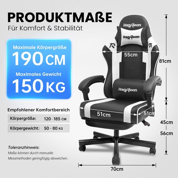 Riftracer Gaming Stuhl – Ergonomischer Gamer Sessel mit Fußstütze, Kopfstütze und Lordosenstütze, höhenverstellbar, gepolstert, Tragkraft 150 kg, Schwarz