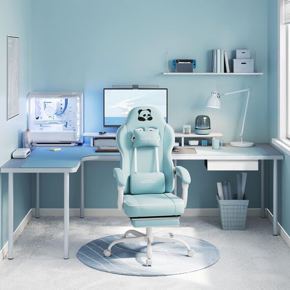 WOLTU Gaming Stuhl mit Taschenfederkissen, Gaming Sessel 150 kg Belastbarkeit, ergonomischer Drehstuhl, Gamer Stuhl mit Kopfkissen, Lendenkissen, Fußstütze, Netzstoff, Hellblau