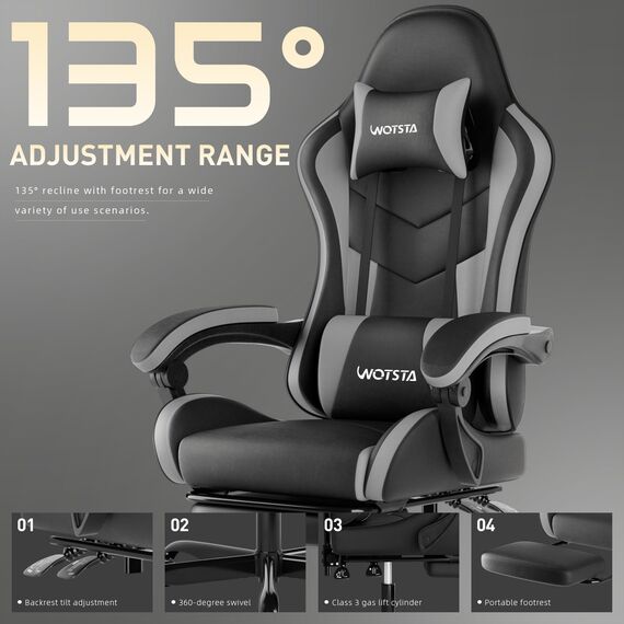 WOTSTA Gaming Chair Computerstuhl Ergonomischer Gaming Stuhl mit Fußstütze Bürostuhl Ergonomischer Computerstuhl mit Lendenwirbelstütze (BLKGY)