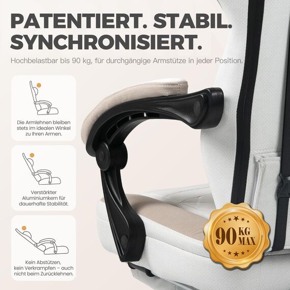 Dowinx Gaming Stuhl Stoff, Verstellbarer Gaming Chair mit Fußstütze, Ergonomischer PC Stuhl Gamer Stuhl Bürostuhl 150 kg belastbarkeit, Beige