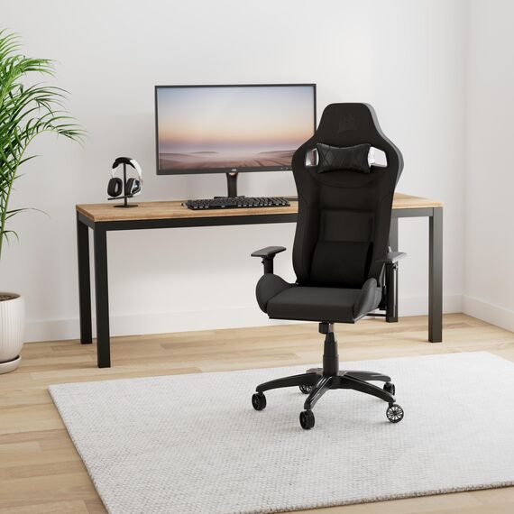 Corsair T3 RUSH Gaming-Stuhl mit Stoffbezug (2023) – Vom Rennsport inspiriertes Design – Bezug aus Weichem – Gepolstertes Nackenkissen – Lendenstütze aus Memory-Schaumstoff – Holzkohle