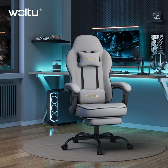 WOLTU Gaming Stuhl Stoff mit Bequemlichkeit Federunterlage, Kühl im Sommer, Gamer Chair Sessel Hohe Belastbarkeit ergonomischer mit Kopfkissen, Lendenkissen, Fußstütze, Netzstoff, Grau