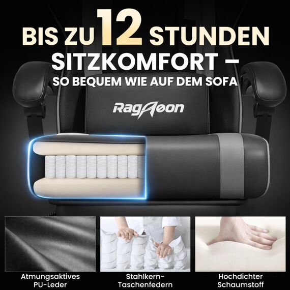 Riftracer Gaming Stuhl Chair Gamer Sessel - Ergonomischer Gamer Stuhl mit Fußstütze Kopfstütze und Lordosenstütz Höhenverstellbar Gepolstert Gamingstuhl 200 Kg Tragkraft Schwarz und Grau