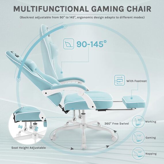 WOLTU Gaming Stuhl mit Taschenfederkissen, Gaming Sessel 150 kg Belastbarkeit, ergonomischer Drehstuhl, Gamer Stuhl mit Kopfkissen, Lendenkissen, Fußstütze, Netzstoff, Hellblau