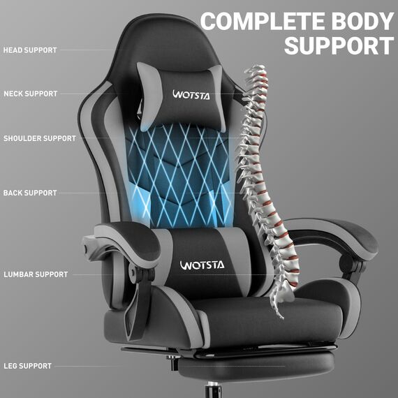 WOTSTA Gaming Chair Computerstuhl Ergonomischer Gaming Stuhl mit Fußstütze Bürostuhl Ergonomischer Computerstuhl mit Lendenwirbelstütze (BLKGY)