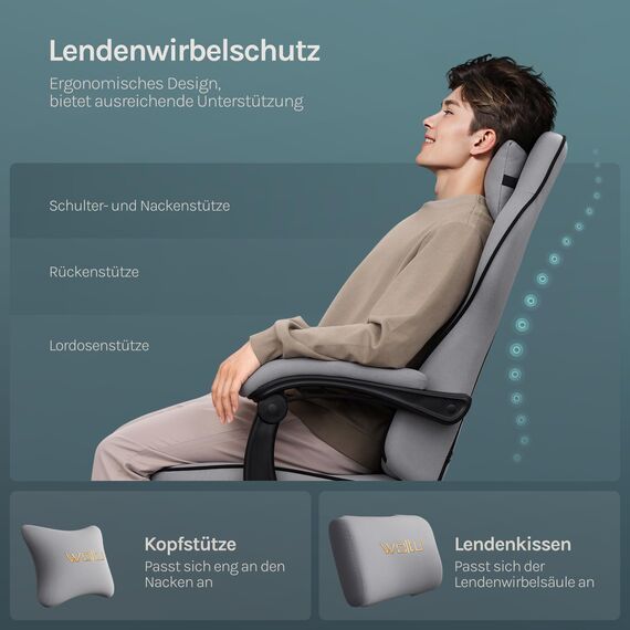 WOLTU Gaming Stuhl Stoff mit Bequemlichkeit Federunterlage, Kühl im Sommer, Gamer Chair Sessel Hohe Belastbarkeit ergonomischer mit Kopfkissen, Lendenkissen, Fußstütze, Netzstoff, Grau