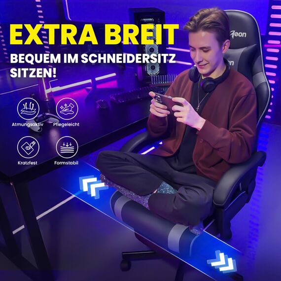 Riftracer Gaming Stuhl Chair Gamer Sessel - Ergonomischer Gamer Stuhl mit Fußstütze Kopfstütze und Lordosenstütz Höhenverstellbar Gepolstert Gamingstuhl 200 Kg Tragkraft Schwarz und Grau