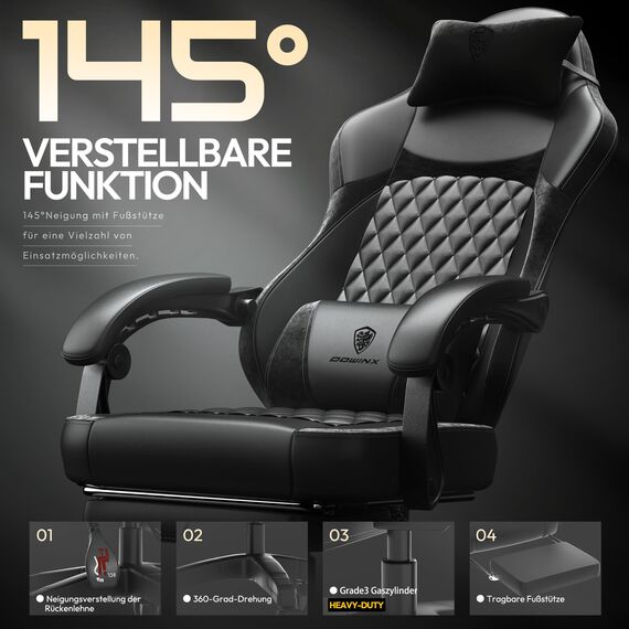 Dowinx Gaming Stuhl, Ergonomischer Gamer Stuhl aus PU-Leder mit Lendenwirbelstütze, 150 kg, Schwarz