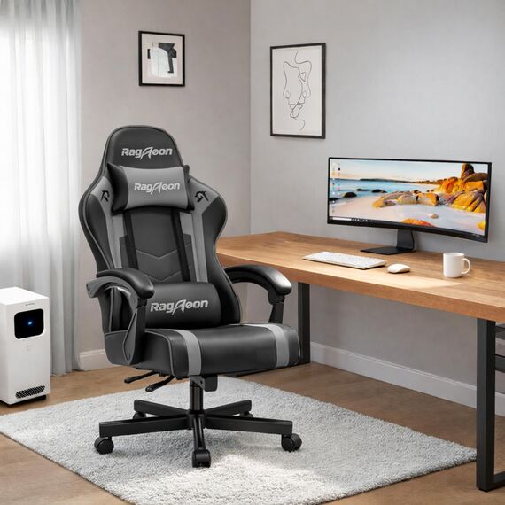 Riftracer Gaming Stuhl Chair Gamer Sessel - Ergonomischer Gamer Stuhl mit Fußstütze Kopfstütze und Lordosenstütz Höhenverstellbar Gepolstert Gamingstuhl 200 Kg Tragkraft Schwarz und Grau