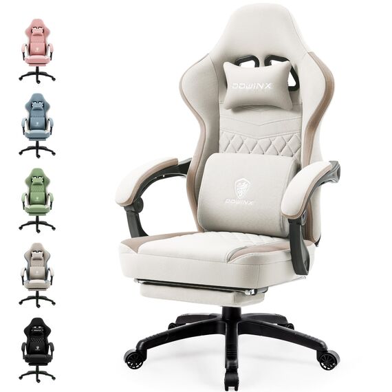 Dowinx Gaming Stuhl Stoff, Verstellbarer Gaming Chair mit Fußstütze, Ergonomischer PC Stuhl Gamer Stuhl Bürostuhl 150 kg belastbarkeit, Beige