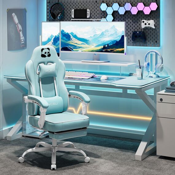 WOLTU Gaming Stuhl mit Taschenfederkissen, Gaming Sessel 150 kg Belastbarkeit, ergonomischer Drehstuhl, Gamer Stuhl mit Kopfkissen, Lendenkissen, Fußstütze, Netzstoff, Hellblau