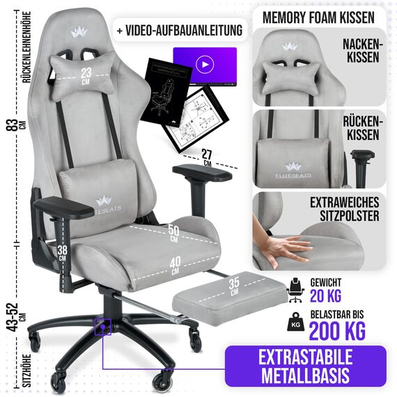 ELITESEATS Gaming Stuhl Ergonomisch [Atmungsaktiver Stoff, 4D Armlehnen] Gaming Chair [Leise, Kratzerfreie Rollen] Gamingstuhl Stoff mit Fußstütze Bürostuhl Gaming Sessel 150KG Belastbarkeit