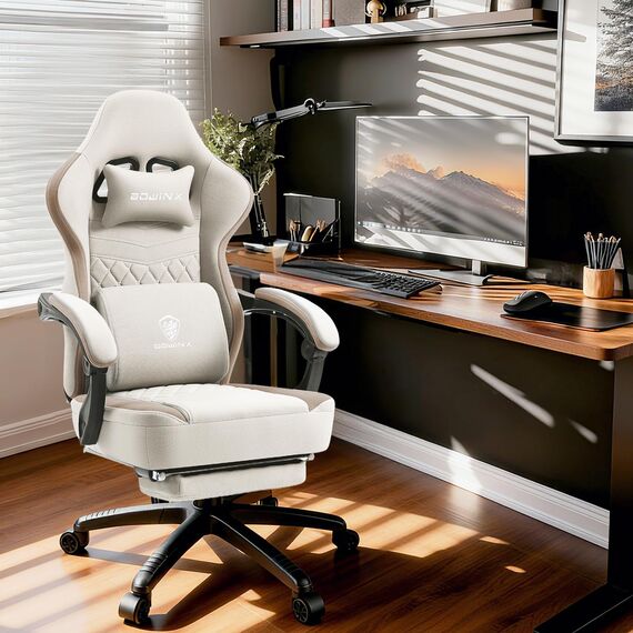 Dowinx Gaming Stuhl Stoff, Verstellbarer Gaming Chair mit Fußstütze, Ergonomischer PC Stuhl Gamer Stuhl Bürostuhl 150 kg belastbarkeit, Beige