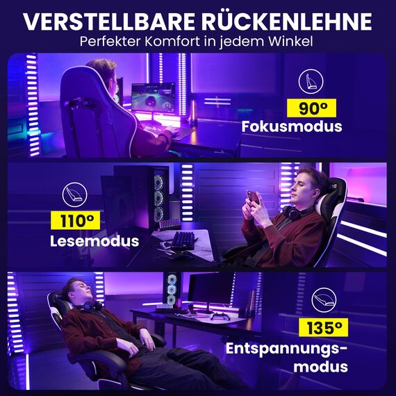 Riftracer Gaming Stuhl – Ergonomischer Gamer Sessel mit Fußstütze, Kopfstütze und Lordosenstütze, höhenverstellbar, gepolstert, Tragkraft 100 kg, Schwarz