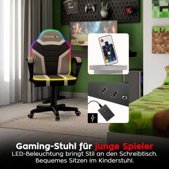 huzaro Ranger 1.0 RGB Kinderschreibtischstuhl mit LED-Beleuchtung - ergonomischer Drehstuhl für Lernen und Spielen - höhenverstellbar für Kinder 80–150 cm - atmungsaktiver Stoff - leise Rollen - Grau