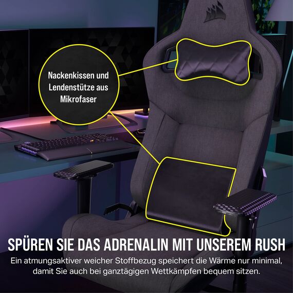 Corsair T3 RUSH Gaming-Stuhl mit Stoffbezug (2023) – Vom Rennsport inspiriertes Design – Bezug aus Weichem – Gepolstertes Nackenkissen – Lendenstütze aus Memory-Schaumstoff – Holzkohle