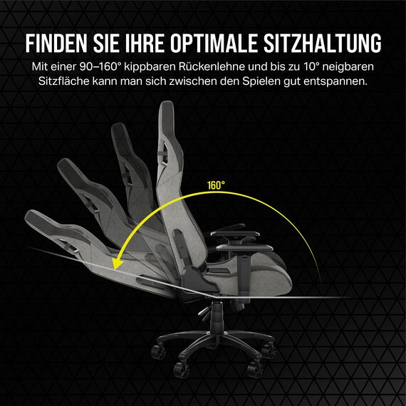 Corsair T3 Rush Gaming-Stuhl mit Stoffbezug (2023), Vom Rennsport inspiriertes Design, Gepolstertes Nackenkissen, Lendenstütze aus Memory-Schaumstoff, Schwarz und Holzkohle