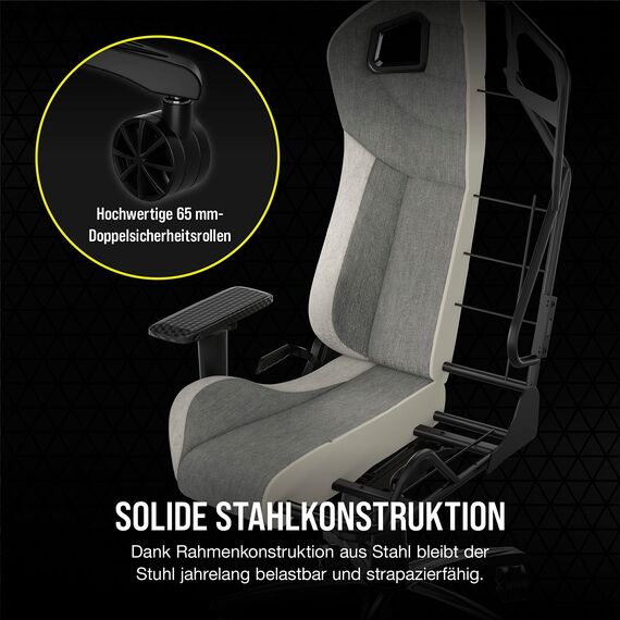 Corsair T3 RUSH Fabric (2023) Gaming Sessel - Inspiriert vom Automobilsport - Bezug aus weichem Stoff - Abnehmbares Nackenkissen und Lendenwirbelstütze aus Memory-Schaum - Grau und Weiß