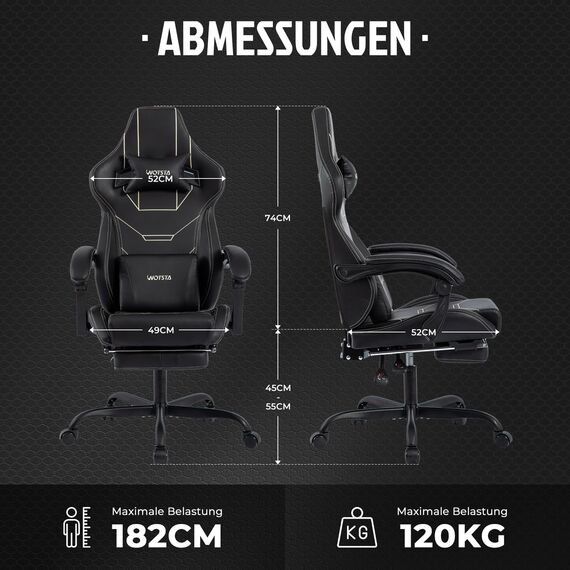 WOTSTA Gaming Stuhl Ergonomisch Gaming Chair Bürostuhl mit Fußstütze Racing Computerstuhl Höhenverstellbar Gepolstert Computerstuhl Lendenwirbelstütze Schwarz